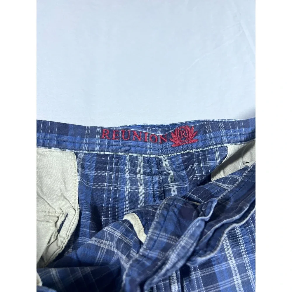Reunion Men's Blue Plaid Flat Front Cotton Shorts Size 42
